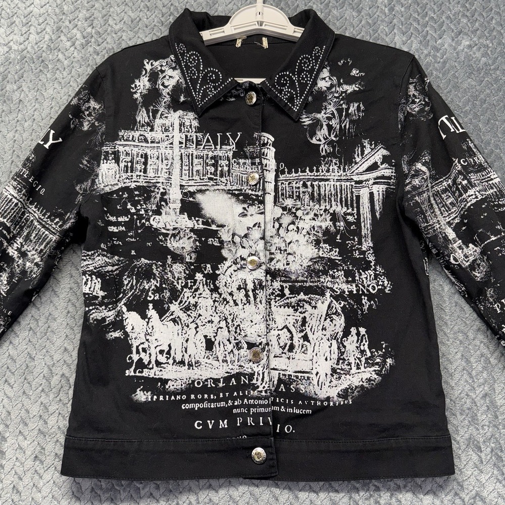 Cactus USA Womens‎ Cropped Jacket Small Italy Graphic Rhinestone Y2K Black White
